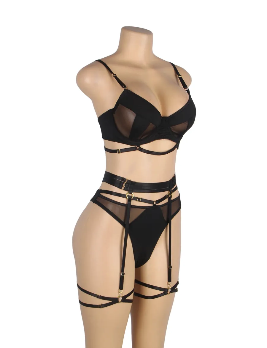 marielove Bikini Sets|Black Mesh Underwire Lingerie Set – Garter & Bra, Sexy High-Quality Outfit