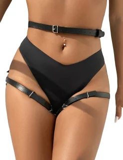 marielove Accessoires|Black PU Leather Bondage Garter mit Kette verstellbar Fetisch Strap