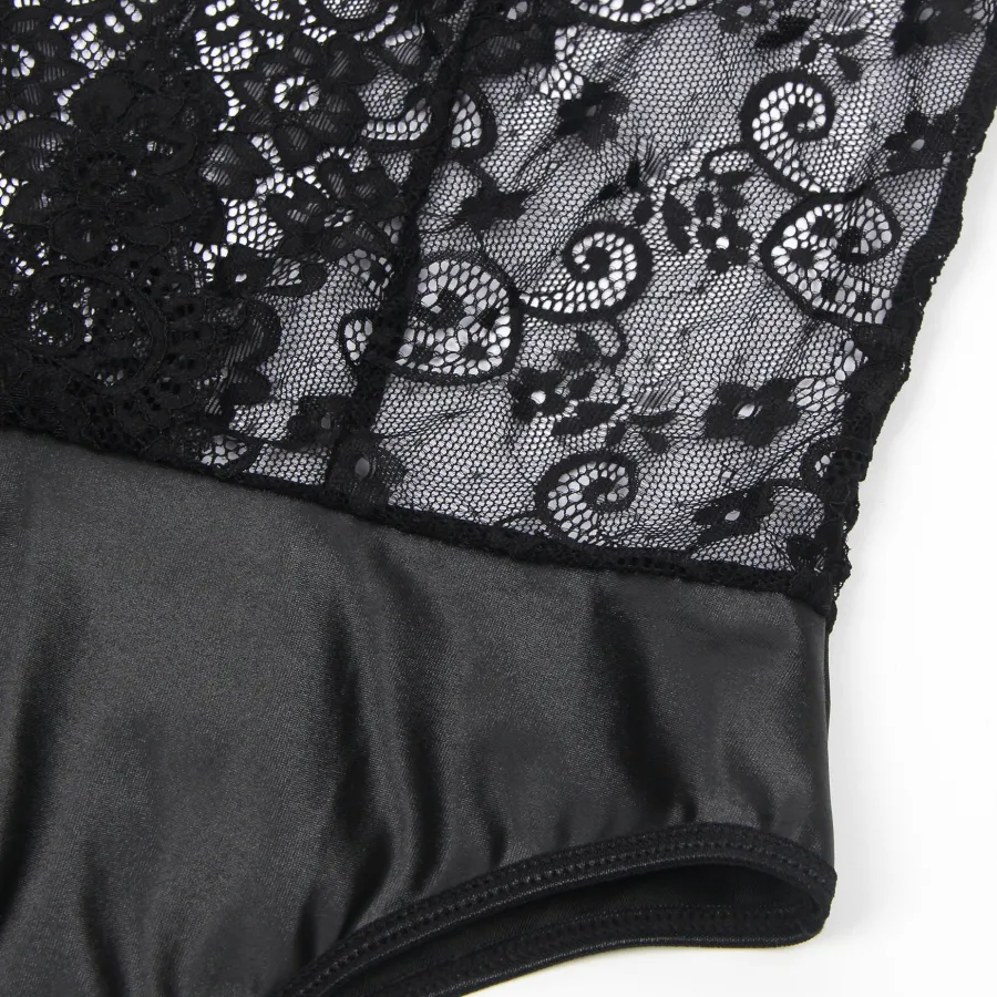 marielove Body Sets|Black Sleeveless Lace Bodysuit – Deep V-Neck Faux Leather, Sexy High-Quality Lingerie