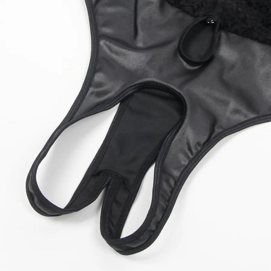 marielove Body Sets|Black Sleeveless Lace Bodysuit – Deep V-Neck Faux Leather, Sexy High-Quality Lingerie