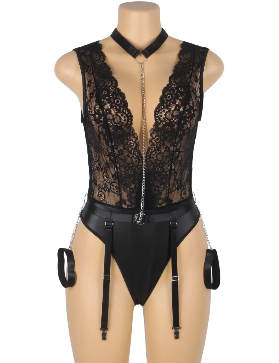 marielove Body Sets|Black Sleeveless Lace Bodysuit – Deep V-Neck Faux Leather, Sexy High-Quality Lingerie