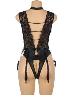 marielove Body Sets|Black Sleeveless Lace Bodysuit – Deep V-Neck Faux Leather, Sexy High-Quality Lingerie