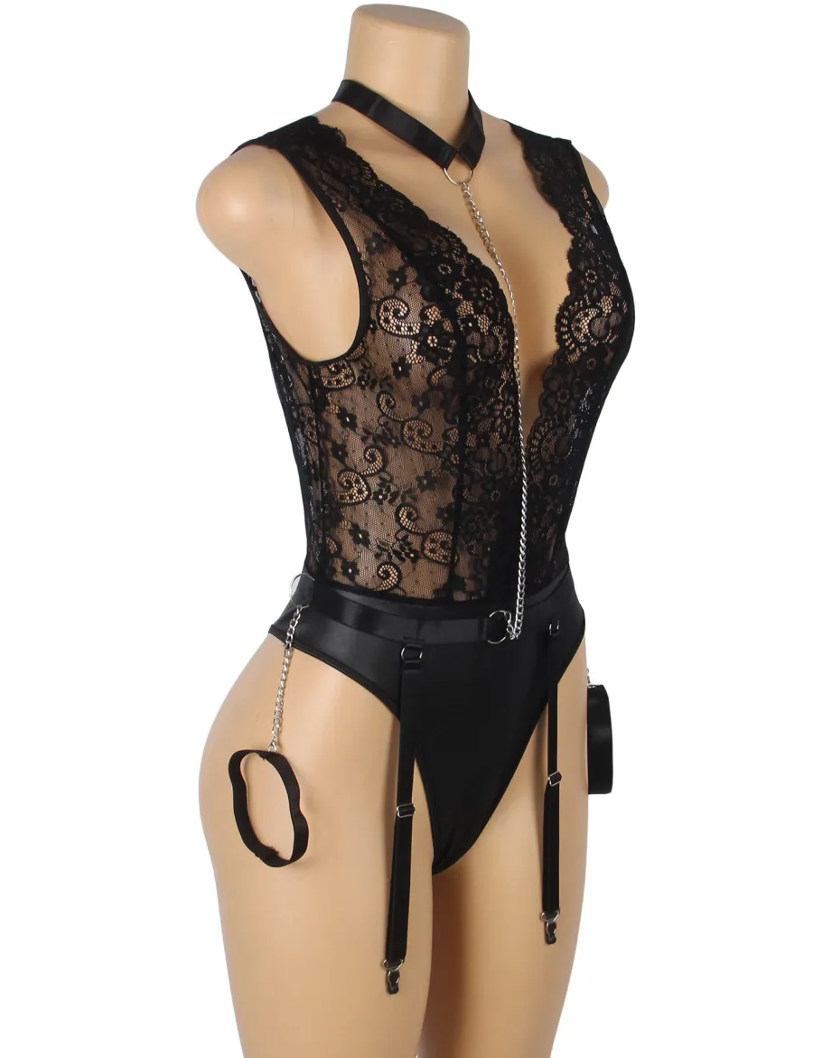 marielove Body Sets|Black Sleeveless Lace Bodysuit – Deep V-Neck Faux Leather, Sexy High-Quality Lingerie