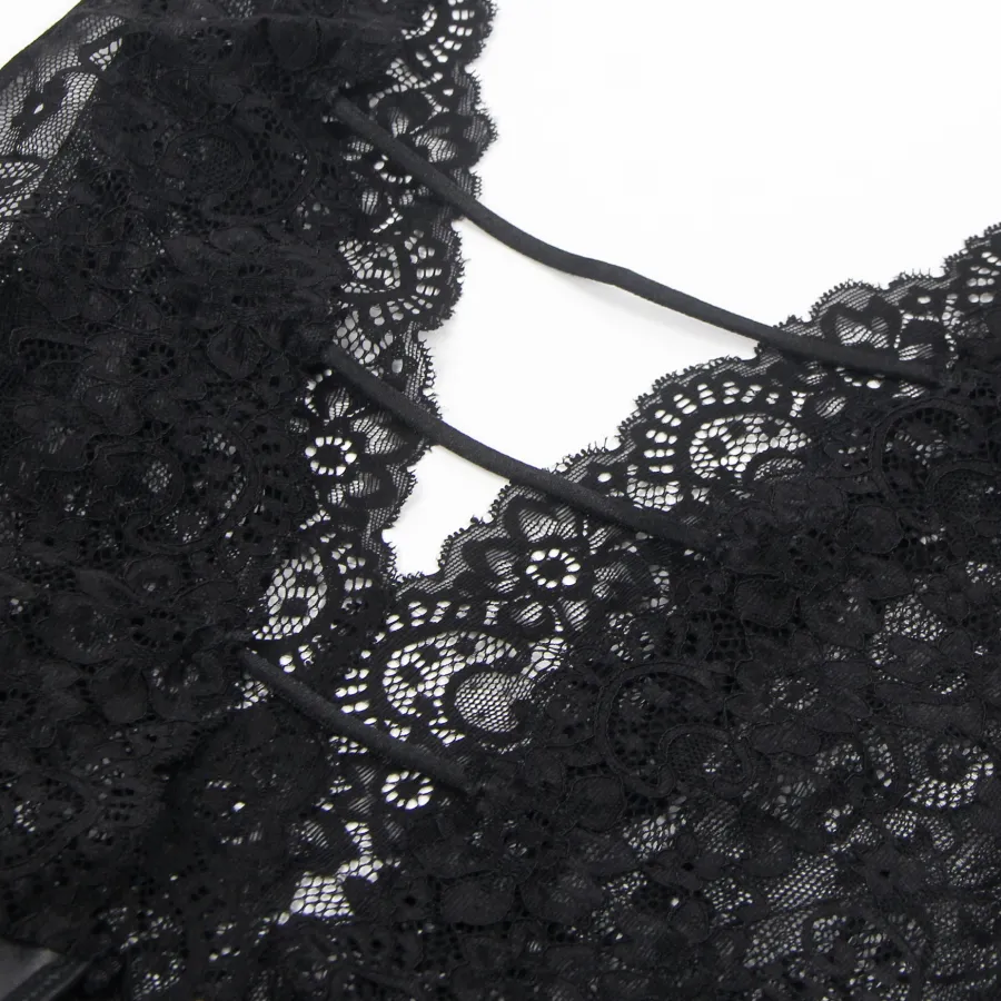 marielove Body Sets|Black Sleeveless Lace Bodysuit – Deep V-Neck Faux Leather, Sexy High-Quality Lingerie