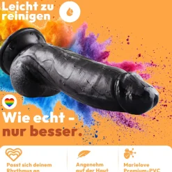 marielove Realistischer Dildo|Saugnapfdildo|Dildo 21 cm mit Hoden & Saugnapf – gebogener Penis mit Adern & Eichel, Schwarz