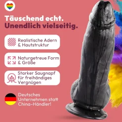 marielove Realistischer Dildo|Saugnapfdildo|Dildo 21 cm mit Hoden & Saugnapf – gebogener Penis mit Adern & Eichel, Schwarz