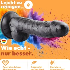 marielove Realistischer Dildo|Saugnapfdildo|Dildo 20cm mit Hoden & Saugnapf – Schlank, Schwarz