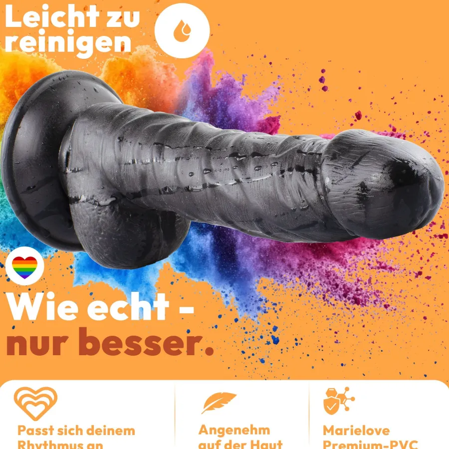 marielove Realistischer Dildo|Saugnapfdildo|Dildo 20cm mit Hoden & Saugnapf – Schlank, Schwarz