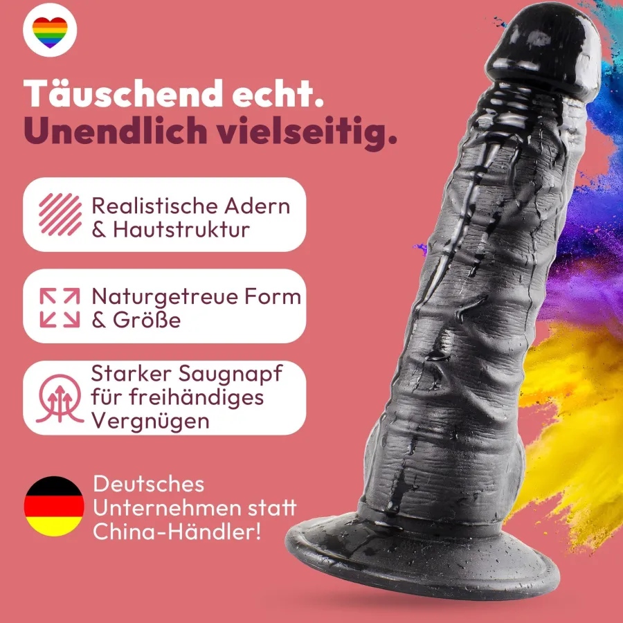 marielove Realistischer Dildo|Saugnapfdildo|Dildo 20cm mit Hoden & Saugnapf – Schlank, Schwarz