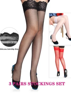 marielove Strümpfe|3er Set Sexy Strümpfe aus Spitze & Mesh, Silikon, Geschenkbox, 88% Polyamid, 12% Elastan