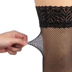 marielove Strümpfe|Schwarze Fishnet Oberschenkelstrümpfe mit Spitzenband, Silikon, 88% Nylon, 12% Spandex