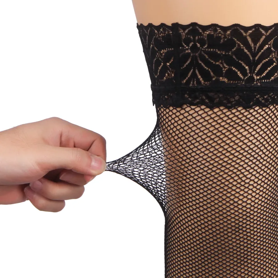 marielove Strümpfe|Schwarze Fishnet Oberschenkelstrümpfe mit Spitzenband, Silikon, 88% Nylon, 12% Spandex