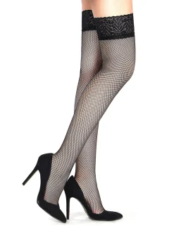 marielove Strümpfe|Schwarze Fishnet Oberschenkelstrümpfe mit Spitzenband, Silikon, 88% Nylon, 12% Spandex