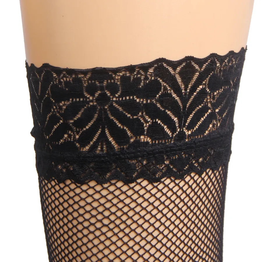 marielove Strümpfe|Schwarze Fishnet Oberschenkelstrümpfe mit Spitzenband, Silikon, 88% Nylon, 12% Spandex