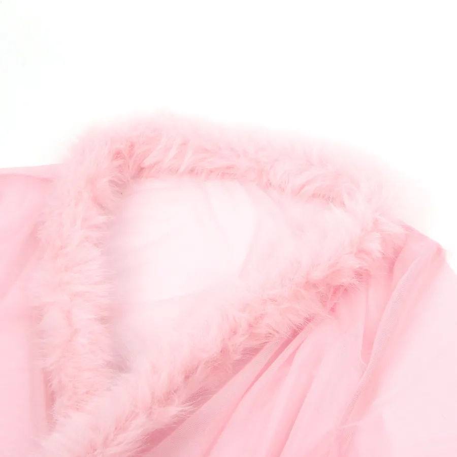 marielove Nachtwäsche|Sexy Kurze Morgenrobe – Pinkes Mesh & Nerz-Fell, Gürtel, verführerische Lingerie