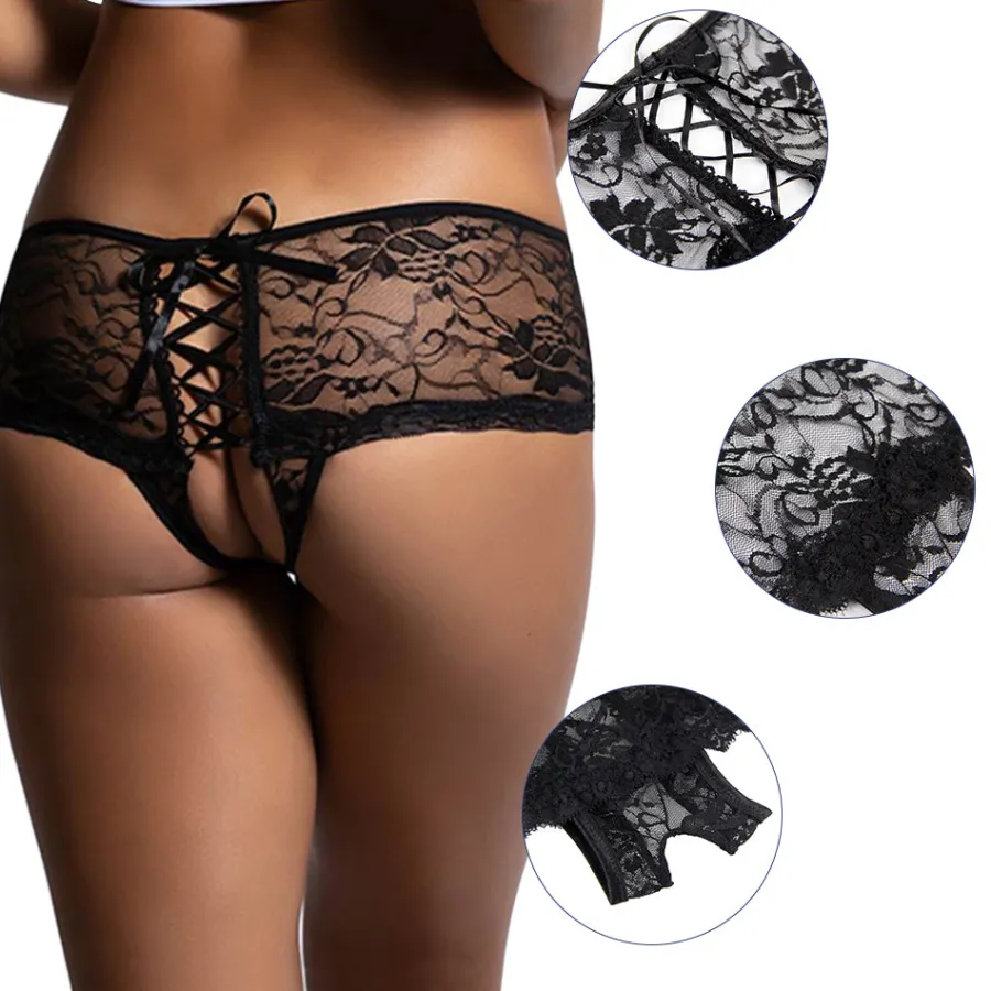 marielove Strings|Sexy Schwarze Open-Crotch Panty mit Blumen-Spitze, 88% Nylon, 12% Spandex