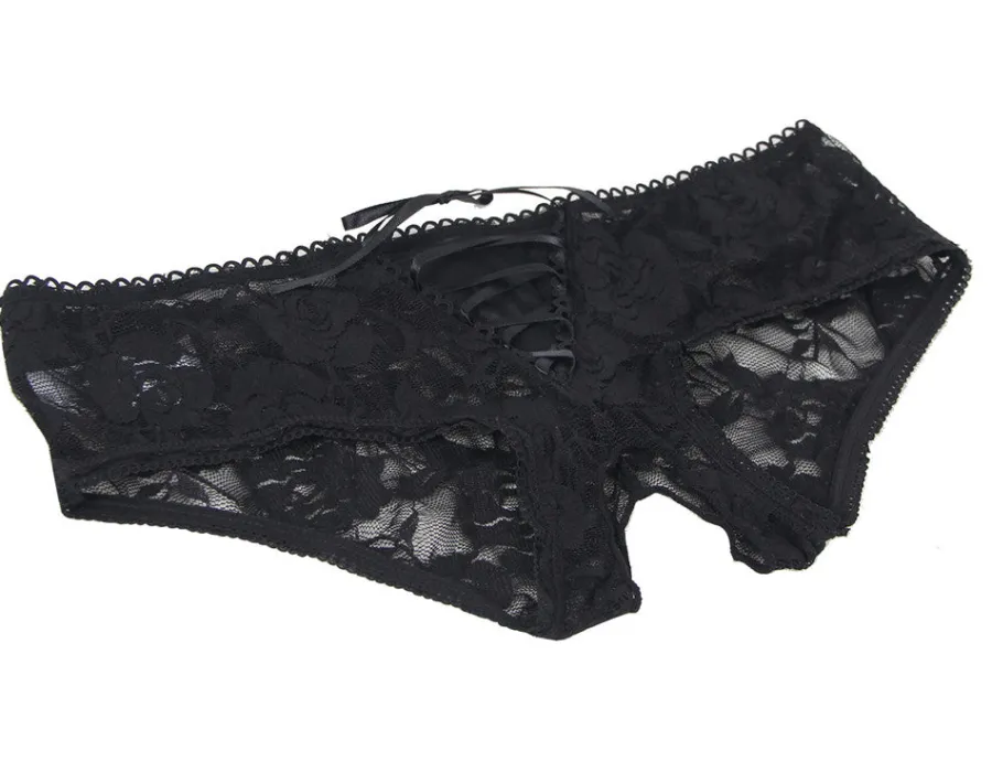 marielove Strings|Sexy Schwarze Open-Crotch Spitzen-Strings mit Riemchen, 88% Nylon, 12% Spandex
