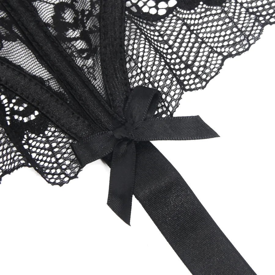 marielove Strumpfhalter Sets|Sexy Schwarze Spitzen-Garter-Panty mit Schleife & Metall-Clips, 88% Nylon, 12% Spandex