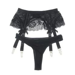 marielove Strumpfhalter Sets|Sexy Schwarze Spitzen-Garter-Panty mit Schleife & Metall-Clips, 88% Nylon, 12% Spandex