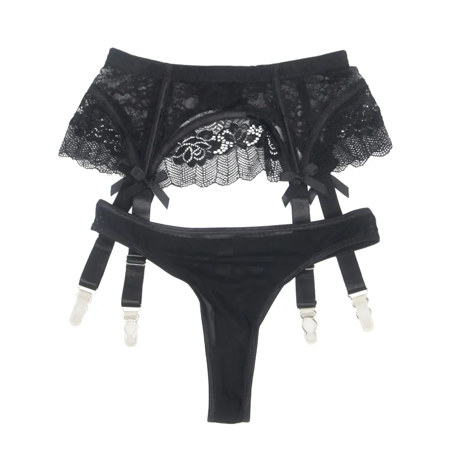 marielove Strumpfhalter Sets|Sexy Schwarze Spitzen-Garter-Panty mit Schleife & Metall-Clips, 88% Nylon, 12% Spandex