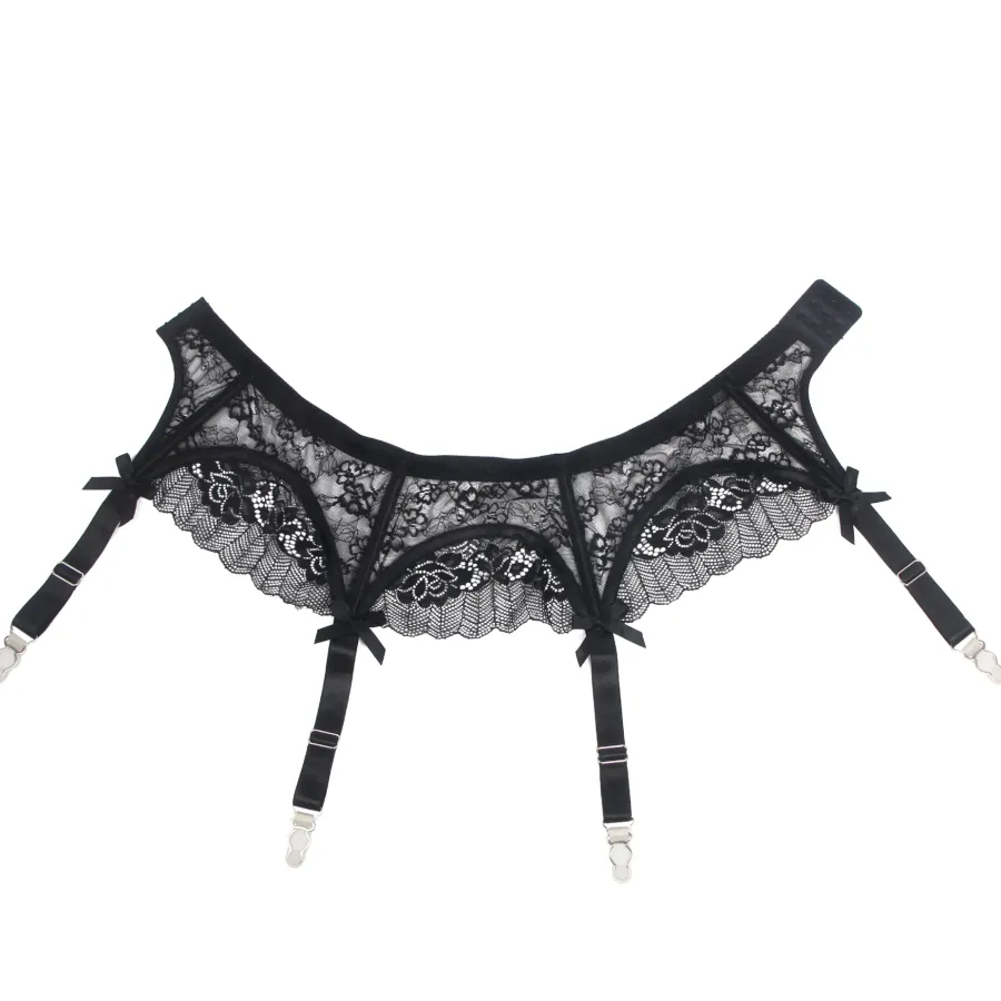 marielove Strumpfhalter Sets|Sexy Schwarze Spitzen-Garter-Panty mit Schleife & Metall-Clips, 88% Nylon, 12% Spandex