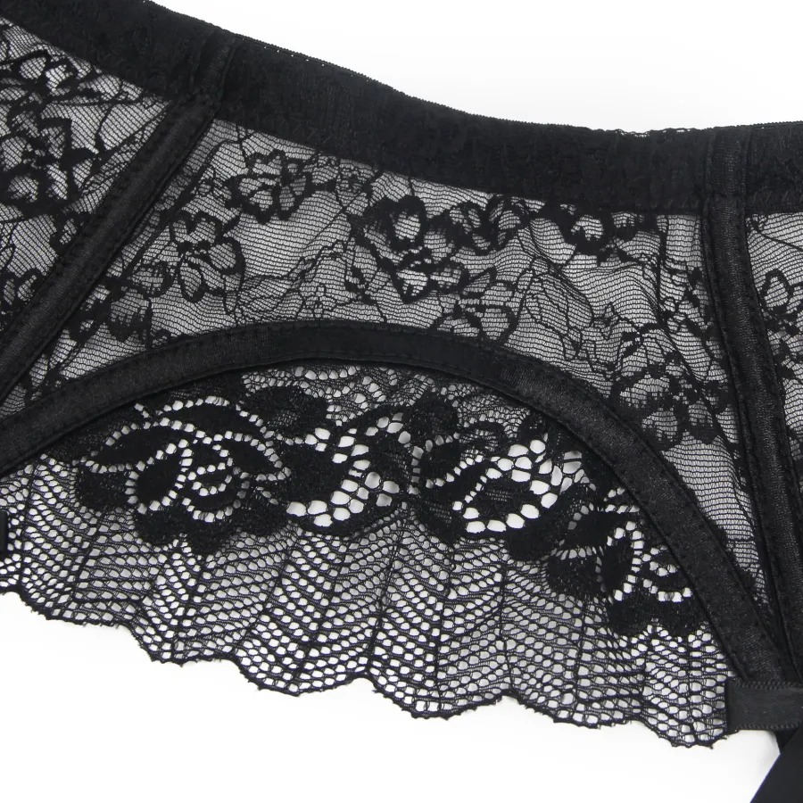 marielove Strumpfhalter Sets|Sexy Schwarze Spitzen-Garter-Panty mit Schleife & Metall-Clips, 88% Nylon, 12% Spandex