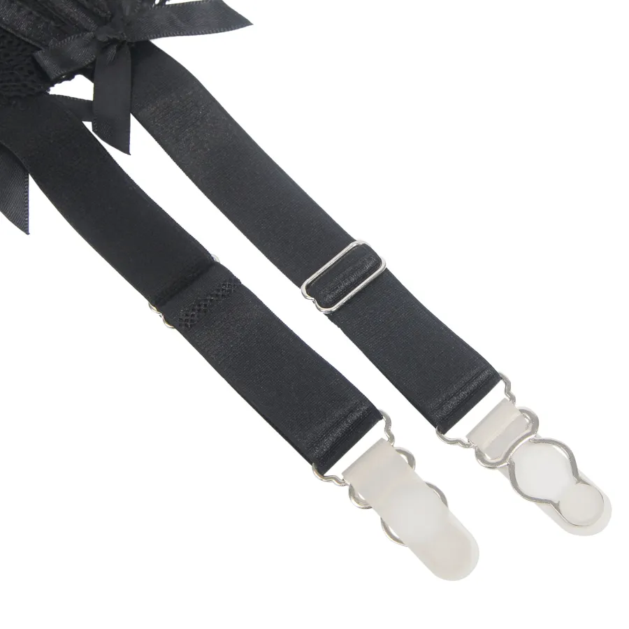 marielove Strumpfhalter Sets|Sexy Schwarze Spitzen-Garter-Panty mit Schleife & Metall-Clips, 88% Nylon, 12% Spandex