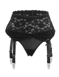 marielove Strumpfhalter Sets|Sexy Schwarze Spitzen-Garter-Panty mit Metall-Clips, 88% Nylon, 12% Spandex, verstellbar