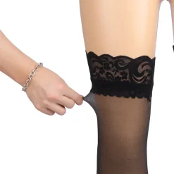 marielove Strümpfe|Sexy Schwarze Spitzenstrümpfe mit Perlmutt-Glanz & Silikonband, 88% Nylon, 12% Spandex