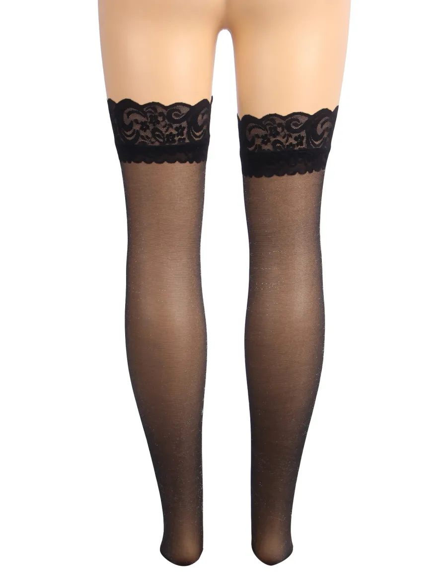 marielove Strümpfe|Sexy Schwarze Spitzenstrümpfe mit Perlmutt-Glanz & Silikonband, 88% Nylon, 12% Spandex