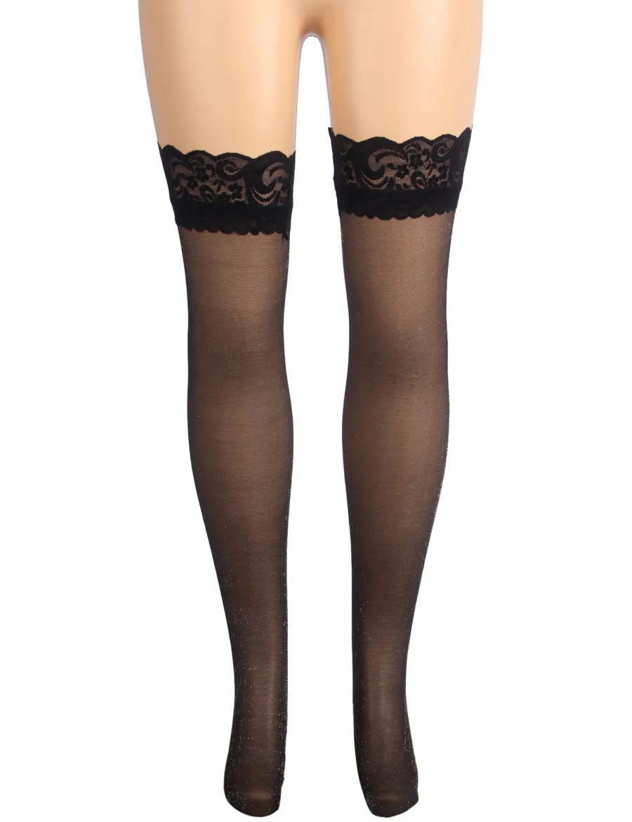 marielove Strümpfe|Sexy Schwarze Spitzenstrümpfe mit Perlmutt-Glanz & Silikonband, 88% Nylon, 12% Spandex