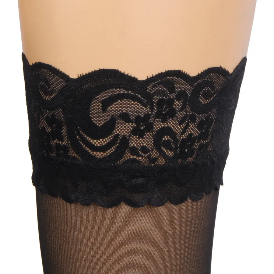 marielove Strümpfe|Sexy Schwarze Spitzenstrümpfe mit vertikaler Linie & Silikonband, 88% Nylon, 12% Spandex