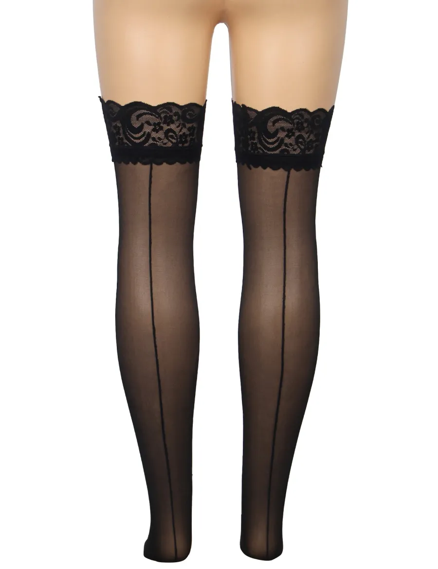 marielove Strümpfe|Sexy Schwarze Spitzenstrümpfe mit vertikaler Linie & Silikonband, 88% Nylon, 12% Spandex