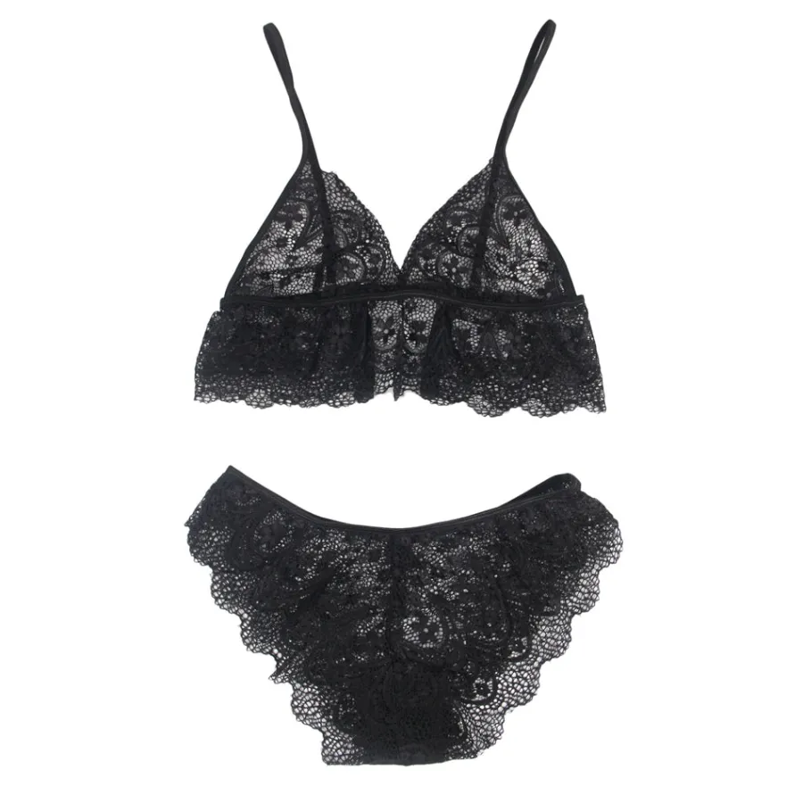 marielove Bikini Sets|Sexy Schwarzes Spitzen Dessous Set 2-teilig Bralette, 95% Polyester, 5% Elastan