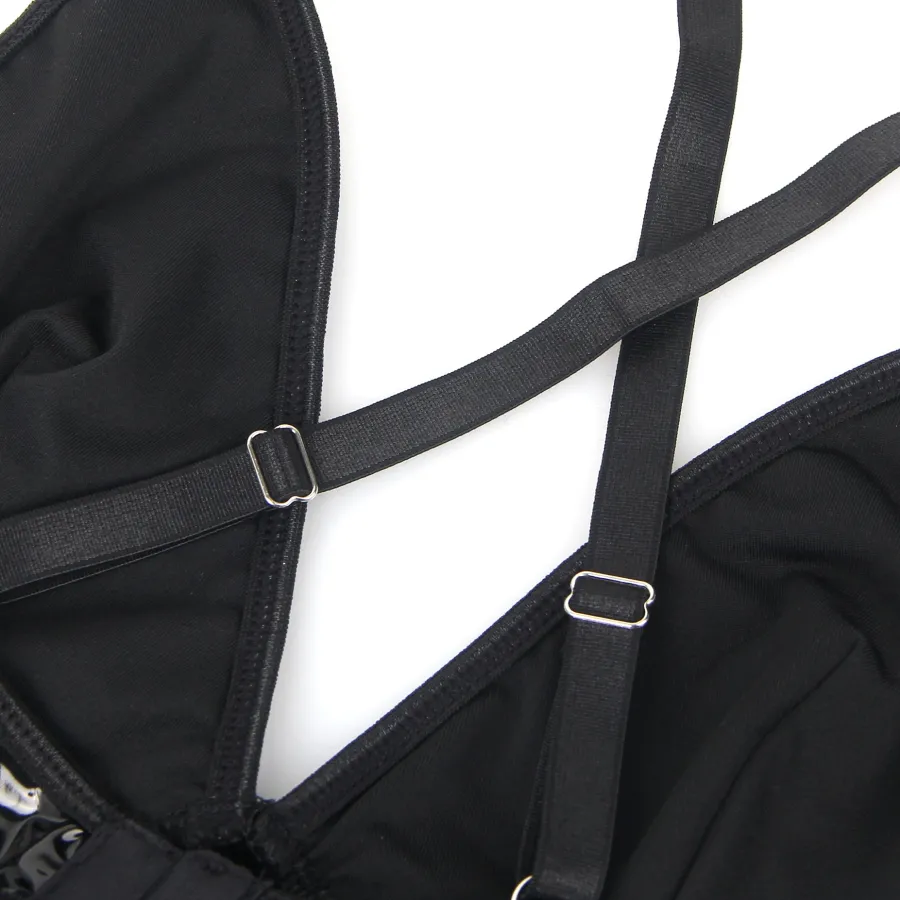 marielove Nachtwäsche|exy chwarze Wet-ook Nachtkeid – Faux-eder, Deep V-Neck & trape, ingerie