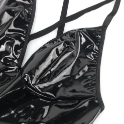 marielove Nachtwäsche|exy chwarze Wet-ook Nachtkeid – Faux-eder, Deep V-Neck & trape, ingerie