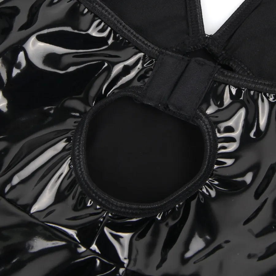 marielove Nachtwäsche|exy chwarze Wet-ook Nachtkeid – Faux-eder, Deep V-Neck & trape, ingerie