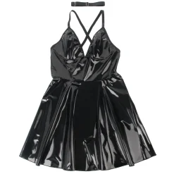 marielove Nachtwäsche|exy chwarze Wet-ook Nachtkeid – Faux-eder, Deep V-Neck & trape, ingerie