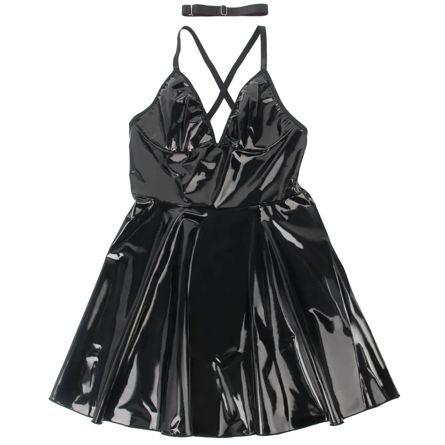 marielove Nachtwäsche|exy chwarze Wet-ook Nachtkeid – Faux-eder, Deep V-Neck & trape, ingerie