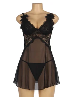 marielove Babydoll Sets|V-Neck Black Lace Babydoll – Strap & Flower Design, Sexy High-Quality Lingerie