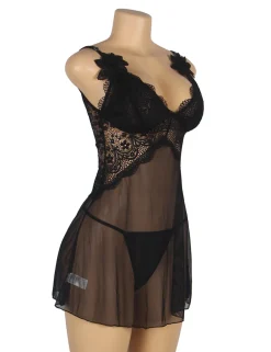 marielove Babydoll Sets|V-Neck Black Lace Babydoll – Strap & Flower Design, Sexy High-Quality Lingerie